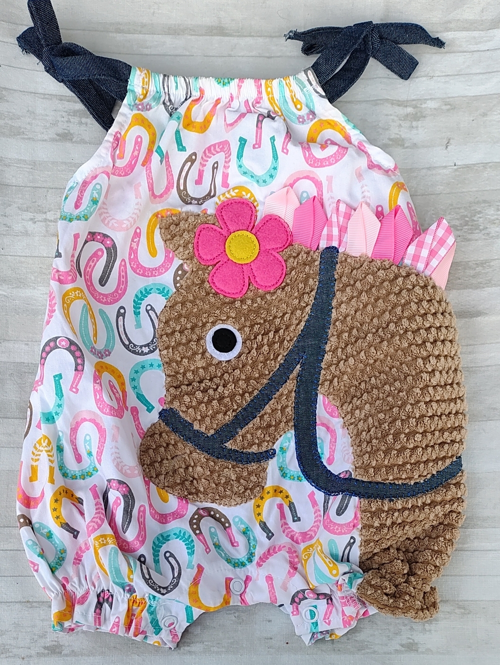 Mud Pie Country Western Brown Horse Texture Appliqué Bubble Romper